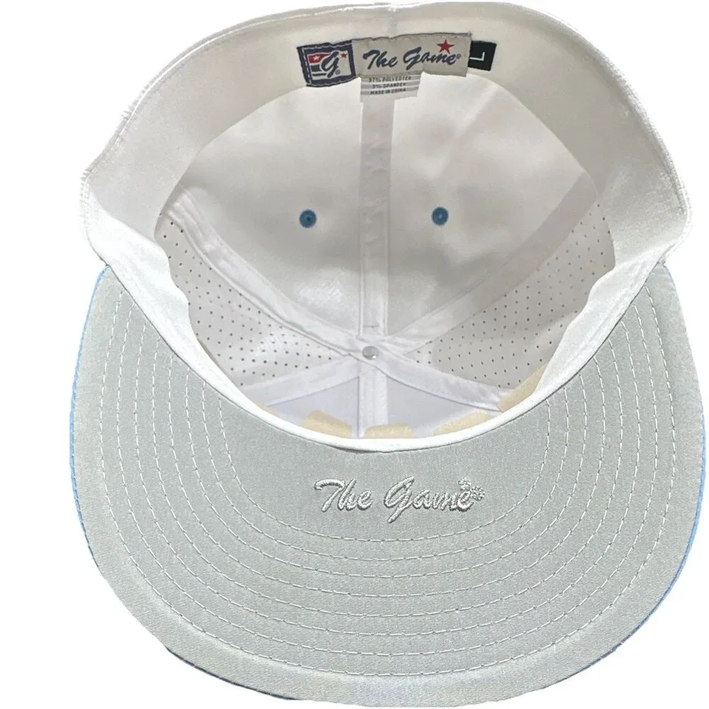 The Game Baseball Cap White Blue Mesh Back Stretch Fit Hat One Size NWT